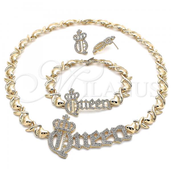 Oro Laminado Necklace, Bracelet and Earring, Gold Filled Style Hugs and Kisses and Crown Design, with White Crystal, Polished, Golden Finish, 06.372.0041