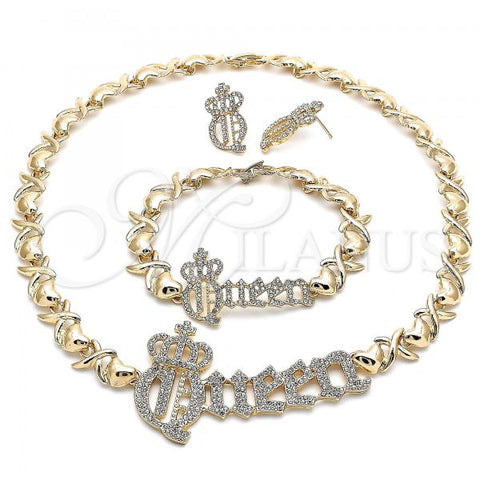 Oro Laminado Necklace, Bracelet and Earring, Gold Filled Style Hugs and Kisses and Crown Design, with White Crystal, Polished, Golden Finish, 06.372.0041