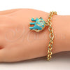 Oro Laminado Charm Bracelet, Gold Filled Style Elephant and Rolo Design, with White Crystal, Turquoise Enamel Finish, Golden Finish, 03.179.0001.2.07