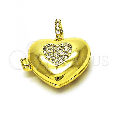 Oro Laminado Locket Pendant, Gold Filled Style Heart Design, with White Micro Pave, Polished, Golden Finish, 05.341.0078