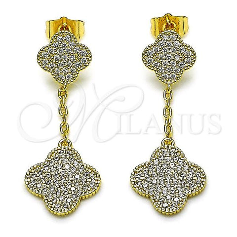 Oro Laminado Long Earring, Gold Filled Style Four-leaf Clover and Long Box Design, with White Cubic Zirconia, Polished, Golden Finish, 02.283.0161