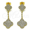 Oro Laminado Long Earring, Gold Filled Style Four-leaf Clover and Long Box Design, with White Cubic Zirconia, Polished, Golden Finish, 02.283.0161