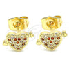 Oro Laminado Stud Earring, Gold Filled Style Heart Design, with Garnet and White Micro Pave, Polished, Golden Finish, 02.156.0489.1