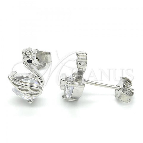 Sterling Silver Stud Earring, Swan Design, with Black and White Cubic Zirconia, Polished, Rhodium Finish, 02.336.0058