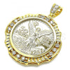 Oro Laminado Religious Pendant, Gold Filled Style Centenario Coin and Angel Design, with White Cubic Zirconia, Polished, Golden Finish, 05.253.0071