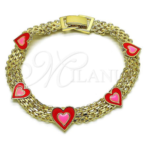 Oro Laminado Fancy Bracelet, Gold Filled Style Heart and Bismark Design, Red Enamel Finish, Golden Finish, 03.331.0220.07