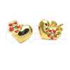 Oro Laminado Stud Earring, Gold Filled Style Heart and Flower Design, Pink Enamel Finish, Golden Finish, 02.16.0092
