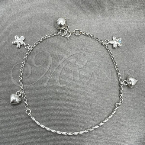 Sterling Silver Charm Bracelet, Heart Design, Polished, Silver Finish, 03.409.0004.07