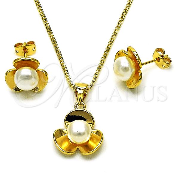 Oro Laminado Earring and Pendant Adult Set, Gold Filled Style Flower Design, with Ivory Pearl, Polished, Golden Finish, 10.342.0255