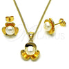 Oro Laminado Earring and Pendant Adult Set, Gold Filled Style Flower Design, with Ivory Pearl, Polished, Golden Finish, 10.342.0255