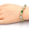 Oro Laminado Tennis Bracelet, Gold Filled Style Heart and Teardrop Design, with Green and White Cubic Zirconia, Polished, Golden Finish, 03.210.0072.3.08