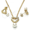Oro Laminado Earring and Pendant Adult Set, Gold Filled Style Heart and Ball Design, with Ivory Pearl and White Cubic Zirconia, Polished, Golden Finish, 10.156.0086