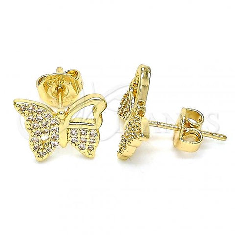 Oro Laminado Stud Earring, Gold Filled Style Butterfly Design, with White Micro Pave, Polished, Golden Finish, 02.156.0456