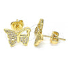 Oro Laminado Stud Earring, Gold Filled Style Butterfly Design, with White Micro Pave, Polished, Golden Finish, 02.156.0456