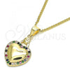 Oro Laminado Pendant Necklace, Gold Filled Style Heart Design, with Multicolor Micro Pave, Polished, Golden Finish, 04.156.0320.3.20