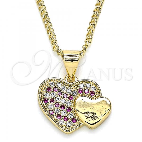 Oro Laminado Pendant Necklace, Gold Filled Style Heart Design, with Ruby and White Micro Pave, Polished, Golden Finish, 04.344.0038.1.20