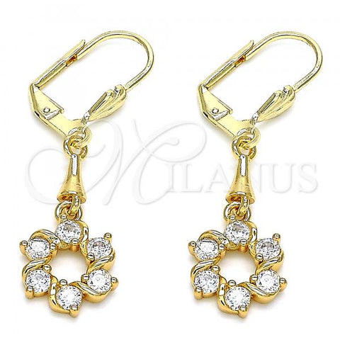 Oro Laminado Long Earring, Gold Filled Style Flower Design, with White Cubic Zirconia, Polished, Golden Finish, 02.213.0329
