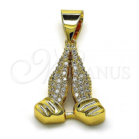 Oro Laminado Religious Pendant, Gold Filled Style Praying Hands Design, with White Micro Pave, Polished, Golden Finish, 05.342.0105