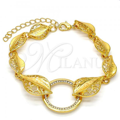 Oro Laminado Fancy Bracelet, Gold Filled Style Leaf Design, with White Crystal, Polished, Golden Finish, 03.241.0001.08