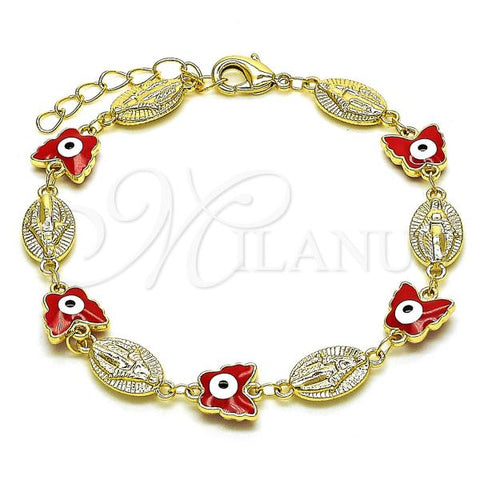 Oro Laminado Fancy Bracelet, Gold Filled Style Virgen Maria and Butterfly Design, Red Enamel Finish, Golden Finish, 03.213.0223.1.07