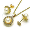 Oro Laminado Earring and Pendant Adult Set, Gold Filled Style with White Pearl, Polished, Golden Finish, 10.342.0082
