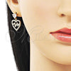 Oro Laminado Dangle Earring, Gold Filled Style Heart Design, with White Cubic Zirconia, Polished, Golden Finish, 02.283.0229