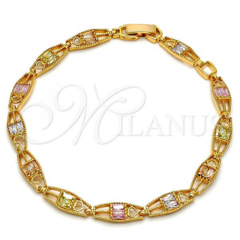 Oro Laminado Fancy Bracelet, Gold Filled Style Heart Design, with Multicolor Cubic Zirconia, Diamond Cutting Finish, Golden Finish, 03.60.0033.08