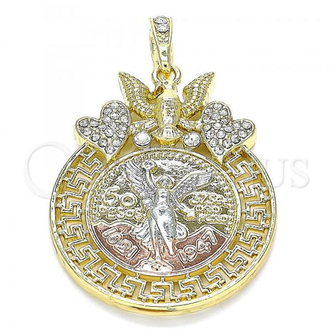 Oro Laminado Religious Pendant, Gold Filled Style Centenario Coin and Angel Design, with White Crystal, Polished, Tricolor, 05.380.0021