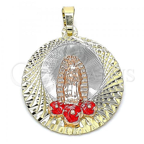 Oro Laminado Religious Pendant, Gold Filled Style Guadalupe and Flower Design, Red Enamel Finish, Tricolor, 05.380.0106