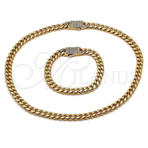 Stainless Steel Necklace and Bracelet, Miami Cuban Design, with White Crystal, Polished, Golden Finish, 06.116.0048