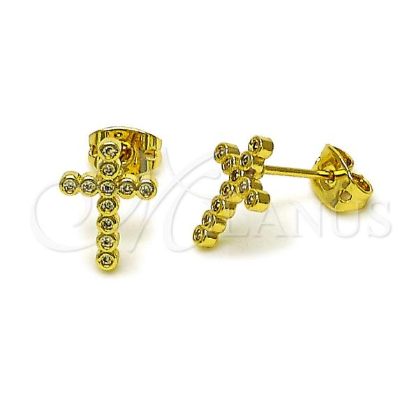 Oro Laminado Stud Earring, Gold Filled Style Cross Design, with White Cubic Zirconia, Polished, Golden Finish, 02.341.0219