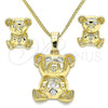 Oro Laminado Earring and Pendant Adult Set, Gold Filled Style Teddy Bear Design, with White Cubic Zirconia, Polished, Golden Finish, 10.185.0009