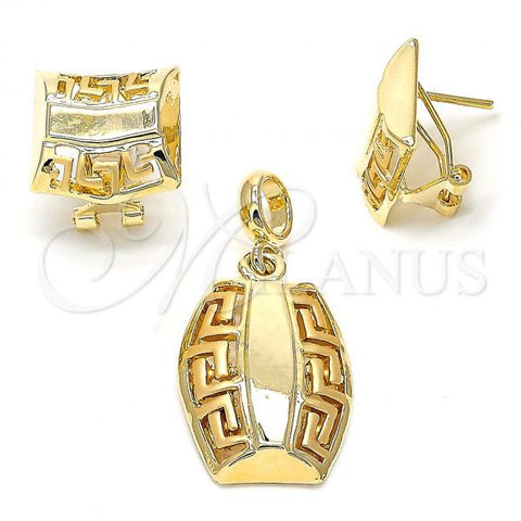 Oro Laminado Earring and Pendant Adult Set, Gold Filled Style Greek Key Design, Polished, Golden Finish, 10.59.0161