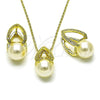 Oro Laminado Earring and Pendant Adult Set, Gold Filled Style Ball Design, with Ivory Pearl and White Micro Pave, Polished, Golden Finish, 10.156.0519