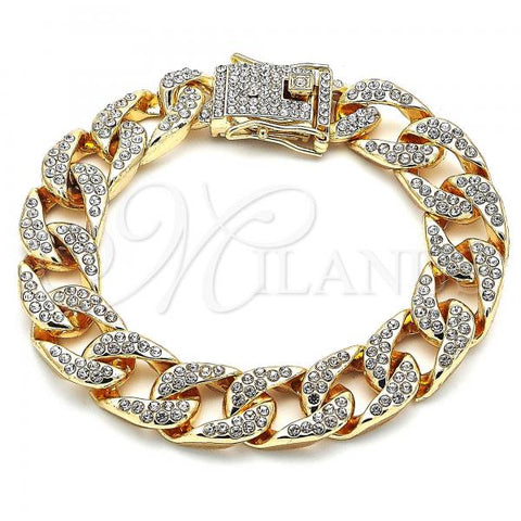 Oro Laminado Basic Bracelet, Gold Filled Style Curb Design, with White Crystal, Polished, Golden Finish, 03.372.0002.08
