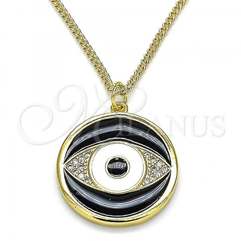 Oro Laminado Pendant Necklace, Gold Filled Style Evil Eye Design, with White Micro Pave, Black Enamel Finish, Golden Finish, 04.313.0030.20