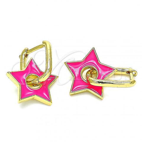 Oro Laminado Huggie Hoop, Gold Filled Style Star Design, Dark Pink Enamel Finish, Golden Finish, 02.362.0003.1.12