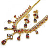 Oro Laminado Necklace and Earring, Gold Filled Style Teardrop Design, with Garnet and White Cubic Zirconia, Polished, Golden Finish, 06.221.0005.1