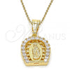 Oro Laminado Religious Pendant, Gold Filled Style Guadalupe Design, with White Cubic Zirconia, Polished, Golden Finish, 05.120.0016