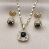 Oro Laminado Earring and Pendant Adult Set, Gold Filled Style Cluster Design, with Black Cubic Zirconia and White Micro Pave, Polished, Golden Finish, 10.196.0183