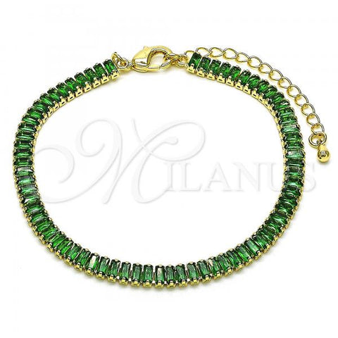 Oro Laminado Tennis Bracelet, Gold Filled Style Baguette Design, with Green Cubic Zirconia, Polished, Golden Finish, 03.130.0008.7.07