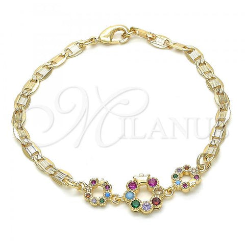 Oro Laminado Fancy Bracelet, Gold Filled Style Crown Design, with Multicolor Cubic Zirconia, Polished, Golden Finish, 03.233.0027.08