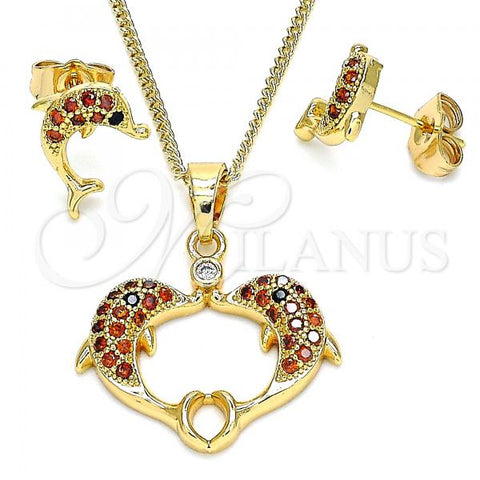 Oro Laminado Earring and Pendant Adult Set, Gold Filled Style Dolphin Design, with Garnet and Black Micro Pave, Polished, Golden Finish, 10.210.0121.1