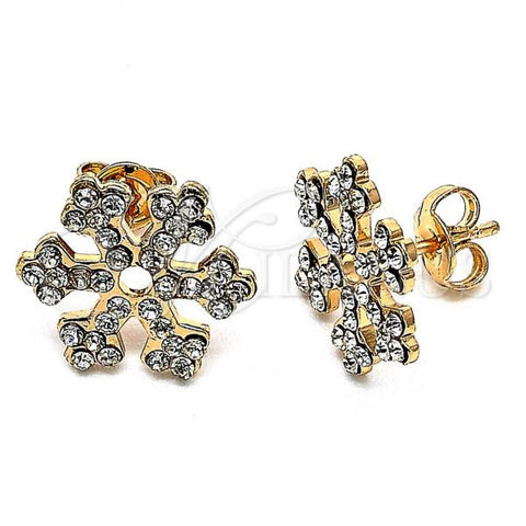 Oro Laminado Stud Earring, Gold Filled Style Flower Design, with White Crystal, Polished, Golden Finish, 02.59.0094