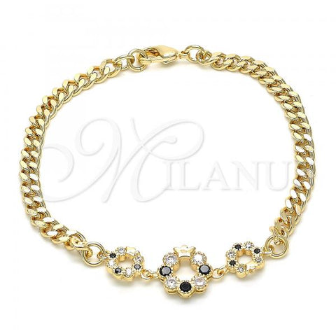 Oro Laminado Fancy Bracelet, Gold Filled Style Crown Design, with Black and White Cubic Zirconia, Polished, Golden Finish, 03.233.0026.08