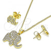 Oro Laminado Earring and Pendant Adult Set, Gold Filled Style Elephant Design, with White Micro Pave, Polished, Golden Finish, 10.156.0339