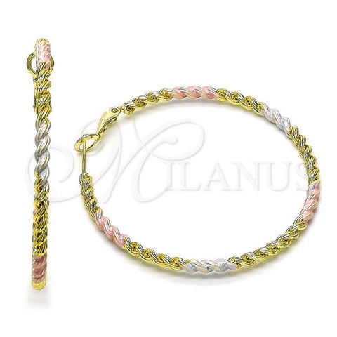 Oro Laminado Large Hoop, Gold Filled Style Rope Design, Polished, Tricolor, 02.213.0532.50
