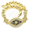 Oro Laminado Fancy Bracelet, Gold Filled Style Heart Design, with Black and White Cubic Zirconia, Polished, Golden Finish, 03.210.0117.08