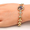 Oro Laminado Fancy Bracelet, Gold Filled Style Flower and Leaf Design, with Amethyst and White Cubic Zirconia, Polished, Golden Finish, 03.210.0042.2.08