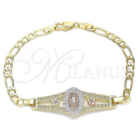 Oro Laminado Fancy Bracelet, Gold Filled Style Guadalupe and Flower Design, Polished, Tricolor, 03.351.0090.1.08